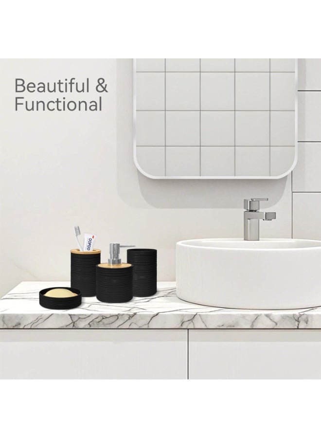 YelaJoy Bathroom Accessories Set 4 PCS, Bamboo Bathroom Accessory Set Includes Soap Dish, Soap Dispenser, Toothbrush Holder, Toothbrush Cup, Bathroom Sets Accessories, Boho Bathroom Decor(Black) - Image 5